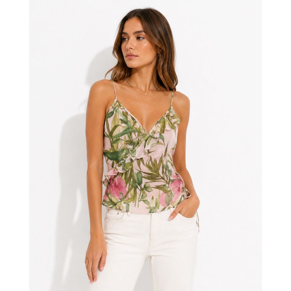 Ann Taylor Womens Tropical Floral Wrap Cami Top 14 Pink Green Ruffle Resortwear